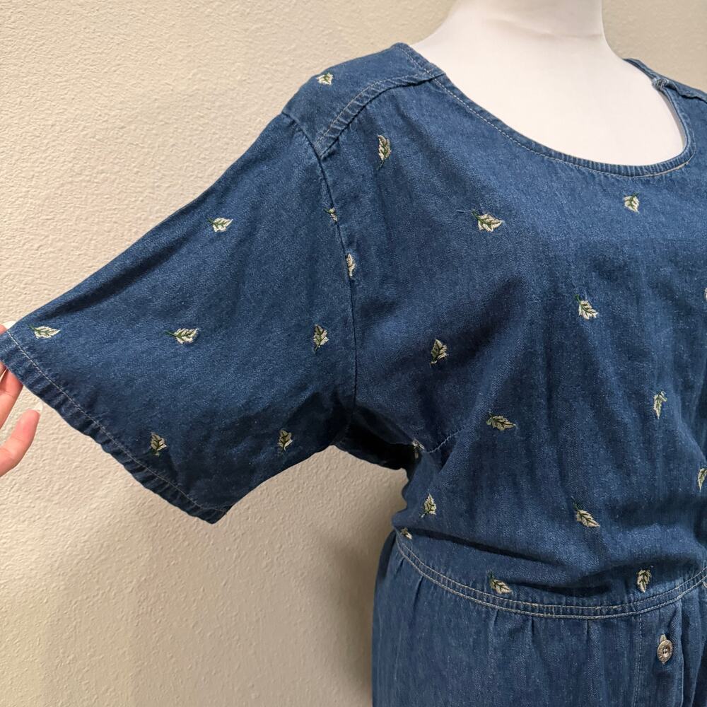 Vintage Erika Co Embroidered Chambray Denim Midi Dress 1X Cotton Cottage Modest - Picture 5 of 12